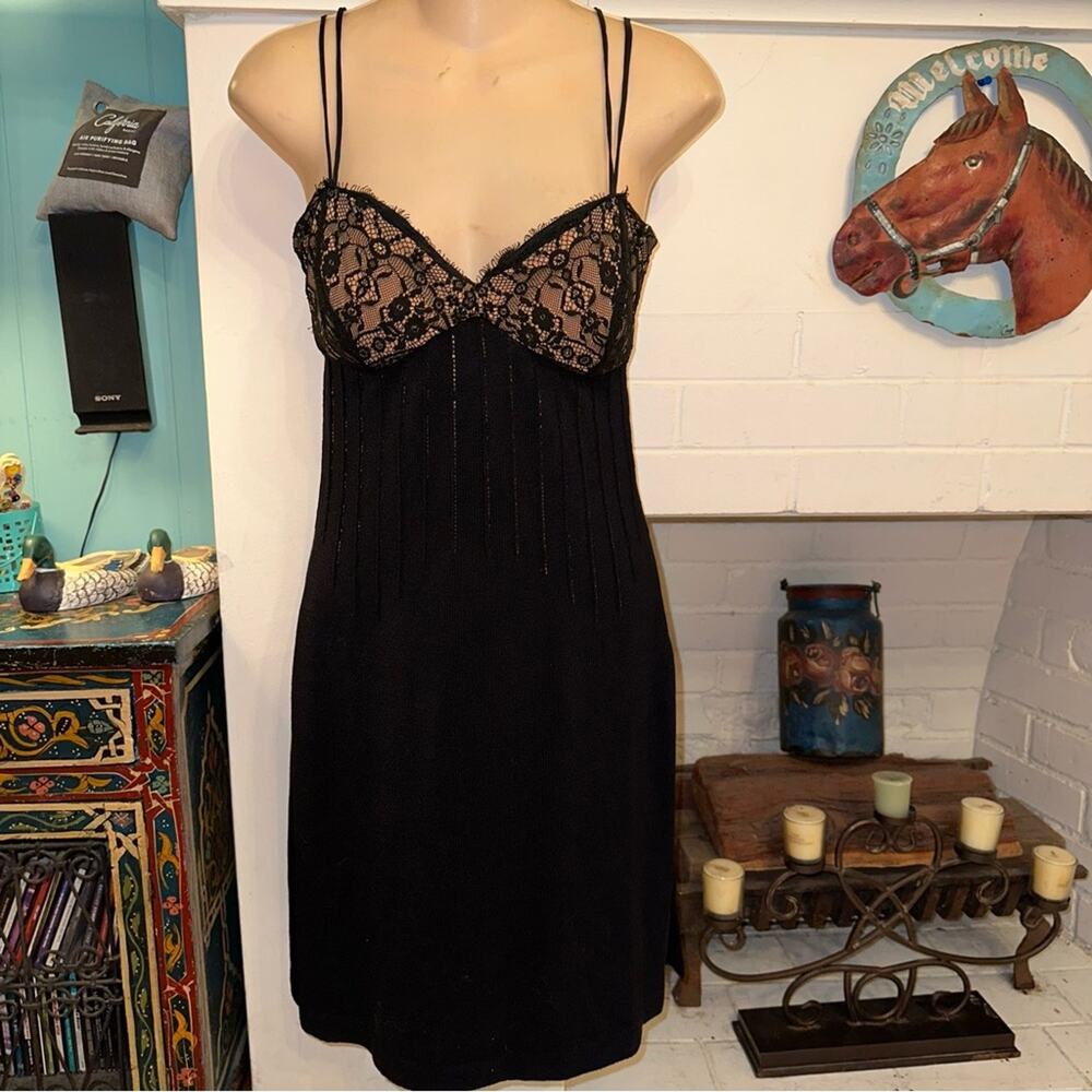 ST. JOHN EVENING BY MARIE GRAY BLACK SLIPDRESS KNIT DRESS W/ LACE BODICE 2